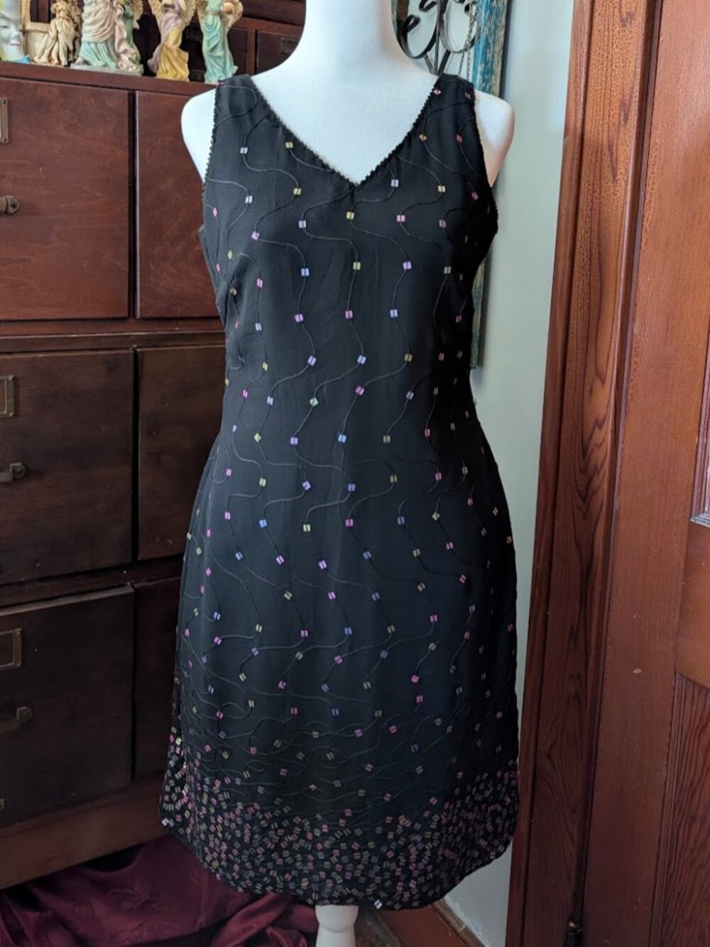 Vintage y2k black sequin knee length cocktail dress size small S Laurence Kazar